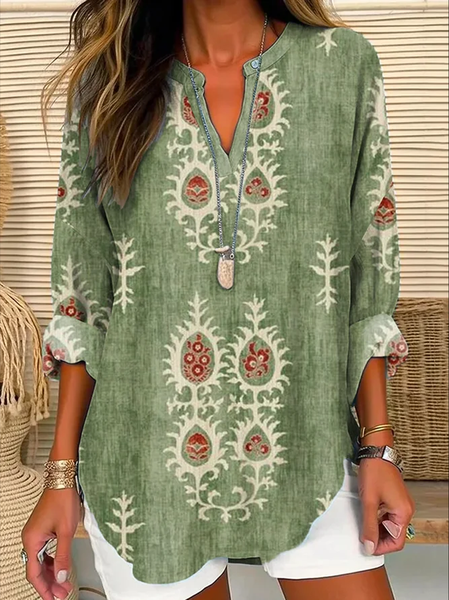 Women's Long Sleeve Blouse Summer Ethnic Notched Daily Going Out Casual Top Green, JustFashionNow Shirts & Blouses, color:Green|size:XXL,