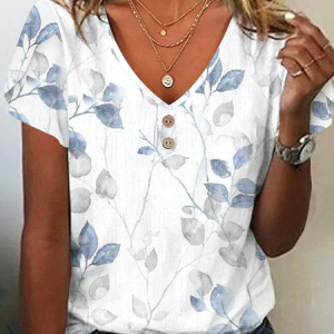 Casual Leaf V Neck Short Sleeve T-shirt, T-shirts, color:White|size:XXL, catalog Noracora shop