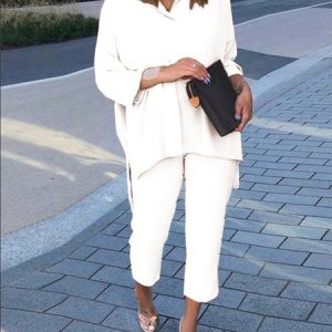 Women Plain Shawl Collar Long Sleeve Comfy Casual Top With Pants Two-Piece Set, Sets, color:White|size:5XL, catalog Noracora shop