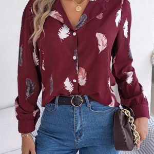 Shirt Collar Long Sleeve Leaf Regular Loose Shirt For Women, Shirts, color:Wine Red|size:XL, catalog Noracora shop