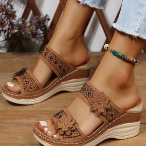 Casual Floral Slip On Flat Heel Slide Sandals, Women shoes, color:Light Brown|size:43, catalog Noracora shop