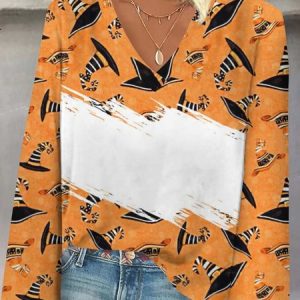 V Neck Long Sleeve Halloween Regular Loose Blouse For Women, Blouses, color:Light Orange|size:3XL, catalog Noracora shop
