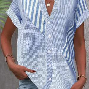 Notched Short Sleeve Striped Regular Loose Blouse For Women, Shirts, color:Blue|size:XXL, catalog Noracora shop