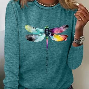 Women's Long Sleeve Tee T-shirt Spring/Fall Dragonfly Cotton Crew Neck Daily Going Out Casual Top Blue, JustFashionNow Long sleeve tops, color:Green|size:3XL,