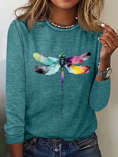 Women's Long Sleeve Tee T-shirt Spring/Fall Dragonfly Cotton Crew Neck Daily Going Out Casual Top Blue, JustFashionNow Long sleeve tops, color:Green|size:3XL,