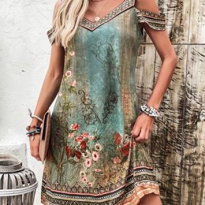 Women Floral V Neck Short Sleeve Comfy Casual Mini Dress, Dresses, color:Blue|size:XXL, catalog Noracora shop