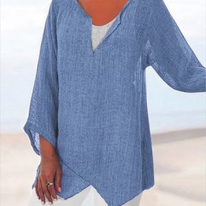 Notched Long Sleeve Plain Regular Loose Blouse For Women, Blouses, color:Blue|size:5XL, catalog Noracora shop
