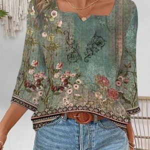 Notched Three Quarter Sleeve Ethnic Regular Loose Blouse For Women, Blouses, color:Green|size:XXL, catalog Noracora shop