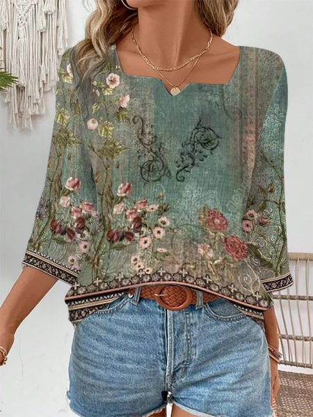 Women's Three Quarter Sleeve Blouse Spring/Fall Ethnic Notched Daily Going Out Casual Top Green, JustFashionNow Blouses, color:Green|size:XXL,