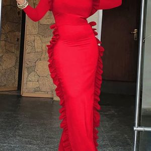 Regular Sleeve Plain Elegant Party Dress, Maxi Dresses, color:Red|size:XXL, Stylewe