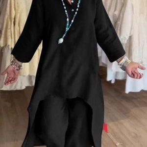Women Plain V Neck Three Quarter Sleeve Comfy Casual Top With Pants Two-Piece Set, Sets, color:Black|size:5XL, catalog Noracora shop