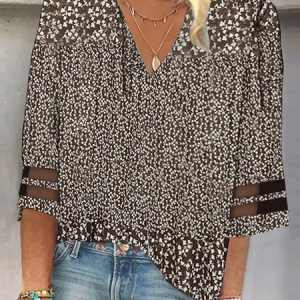 V Neck Three Quarter Sleeve Ditsy Floral Mesh Regular Loose Blouse For Women, Blouses, color:Coffee|size:XXL, catalog Noracora shop