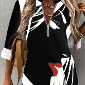 Long Sleeve Face Zipper Regular Regular Fit Blouse For Women, Blouses, color:Black|size:3XL, catalog Noracora shop