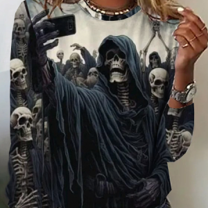 Casual Halloween Crew Neck Long Sleeve T-shirt, T-shirts, color:Deep Gray|size:4XL, catalog Noracora shop