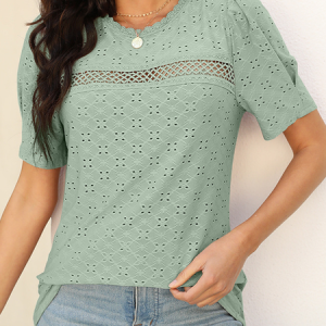 Crew Neck Short Sleeve Plain Regular Micro-Elasticity Loose Shirt For Women, Blouses, color:Green|size:XXL, catalog Noracora shop