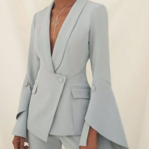 Lapel Collar Urban Pocket Stitching Plain Regular Sleeve Blazer, Blazers, color:Blue|size:XXL, Stylewe
