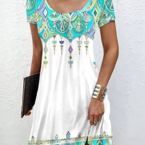 Women Ethnic Crew Neck Short Sleeve Comfy Casual Short Dress, Dresses, color:White|size:XXL, catalog Noracora shop