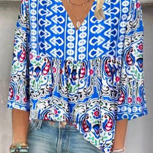 V Neck Three Quarter Sleeve Ethnic Regular Regular Fit Blouse For Women, Blouses, color:Blue|size:XXL, catalog Noracora shop