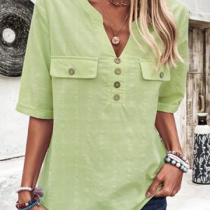 Notched Short Sleeve Plain Buckle Regular Loose Shirt For Women, Blouses, color:Green|size:XXL, catalog Noracora shop