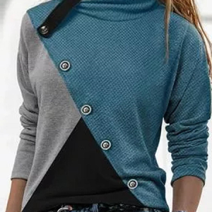 Long Sleeve Color Block Buttoned Regular Micro-Elasticity Loose Blouse For Women, Blouses, color:Blue|size:XXL, catalog Noracora shop