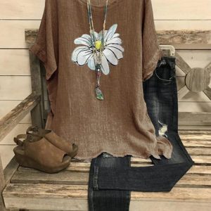 Summer casual retro small daisy printed short sleeve big round neck loose top, T-shirts, color:Brown|size:XXL, catalog Noracora shop