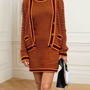 Sleeveless Color Block Elegant Crew Neck Sweater Dress, Mini Dresses, color:Orange|size:XXL, Stylewe