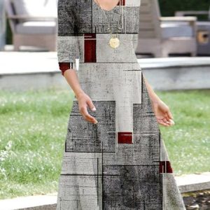 Women Floral V Neck Long Sleeve Comfy Casual Maxi Dress, Dresses, color:Light Gray|size:3XL, catalog Noracora shop