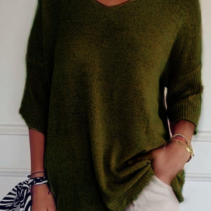 Women Yarn/Wool Yarn Plain Three Quarter Sleeve Comfy Casual Sweater, Sweaters, color:OLIVE|size:5XL, catalog Noracora shop