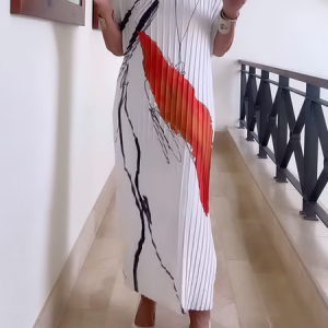 Loose Abstract Crew Neck Short Sleeve Elegant Maxi Dress, Maxi Dresses, color:White|size:XXL, Stylewe