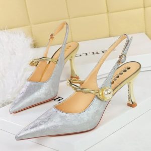Elegant Faux Pearl Floral Satin Mary Jane Pumps, Heels, color:Silver|size:40, Stylewe