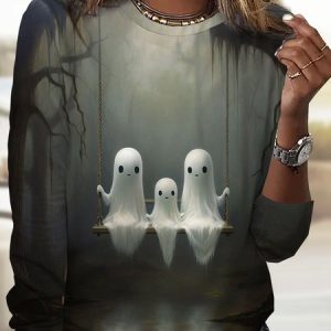 Women's Long Sleeve Tee T-shirt Spring/Fall Halloween Crew Neck Holiday Going Out Casual Top Deep Gray, JustFashionNow Long sleeve tops, color:Deep Gray|size:XXL,