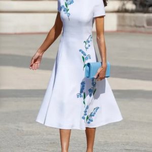 Crew Neck Regular Fit Elegant Floral Short Sleeve Midi Dress, Midi Dresses, color:White|size:XXL, Stylewe