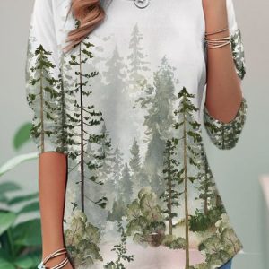 Casual Tree Crew Neck Long Sleeve T-shirt, T-shirts, color:Green|size:XXL, catalog Noracora shop
