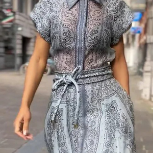 Paisley Urban Shirt Collar Short Sleeve Loose Blouse, Blouses and Shirts, color:Blue|size:XXL, Stylewe