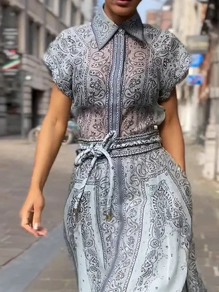 Paisley Urban Shirt Collar Short Sleeve Loose Blouse, Blouses and Shirts, color:Blue|size:XXL, Stylewe