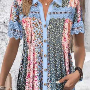 Shirt Collar Short Sleeve Floral Lace Regular Loose Blouse For Women, Shirts, color:Multicolor|size:XXL, catalog Noracora shop