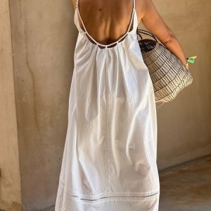 Spaghetti Plain Vacation Loose Lace Edge Dress, Maxi Dresses, color:White|size:XXL, Stylewe