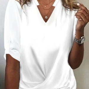 Women's Three Quarter Sleeve Tee T-shirt Spring/Fall Plain Knot Front V Neck Daily Going Out Casual Top White, JustFashionNow T-Shirts, color:White|size:XXL,