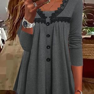V Neck Long Sleeve Plain Lace Regular Micro-Elasticity Loose Blouse For Women, Blouses, color:Gray|size:3XL, catalog Noracora shop