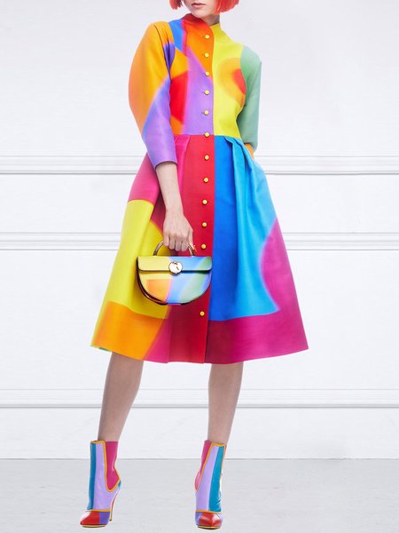 Regular Fit Stand Collar Urban Color Block Shirt Dress, Midi Dresses, color:As Picture|size:XXL, Stylewe