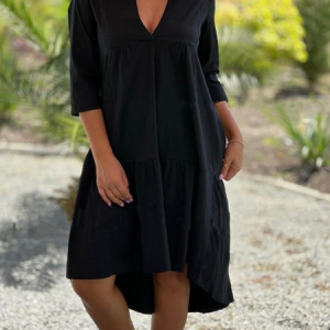 Women Plain V Neck Three Quarter Sleeve Comfy Casual Midi Dress, Dresses, color:Black|size:5XL, catalog Noracora shop