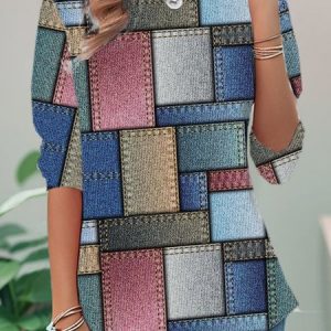 Casual Abstract Crew Neck Long Sleeve T-shirt, Blouses, color:Blue|size:XXL, catalog Noracora shop