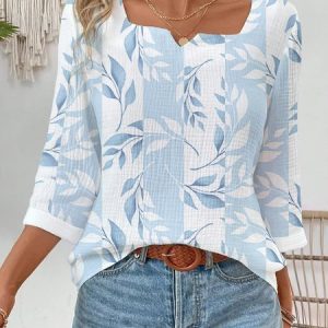Notched Three Quarter Sleeve Floral Regular Loose Blouse For Women, Blouses, color:Light Blue|size:XXL, catalog Noracora shop