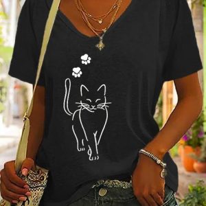 Casual V Neck Cotton Cat T-Shirt, T-shirts, color:Black|size:XXL, catalog Noracora shop
