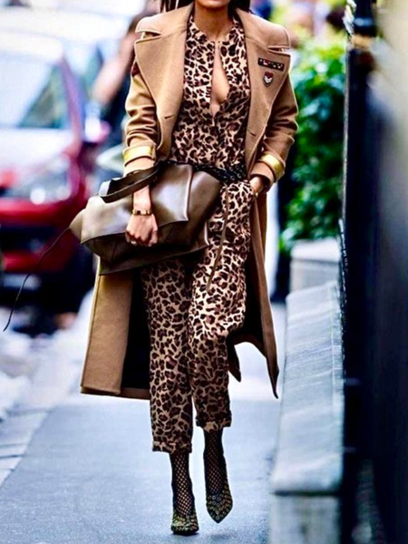 Pocket Stitching Shawl Collar Leopard Casual Long Sleeve Jumpsuit, Jumpsuits, color:Brown|size:XXL, Stylewe