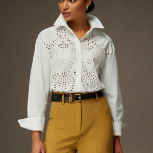 Eyelet Long Sleeve Cotton Shirt, Blouses and Shirts, color:White|size:XXL, Stylewe