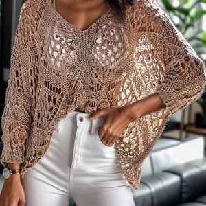 V Neck Long Sleeve Plain Regular Medium Elasticity Loose Blouse For Women, Blouses, color:Khaki|size:L, catalog Noracora shop