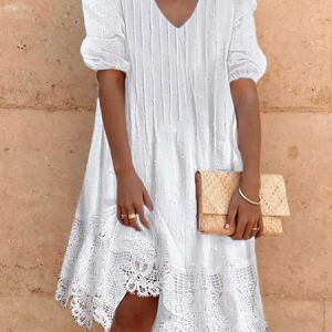 Women Plain V Neck Three Quarter Sleeve Comfy Casual Maxi Dress, Dresses, color:White|size:3XL, catalog Noracora shop