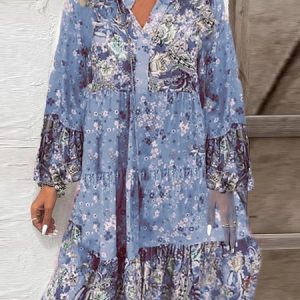Women Floral V Neck Long Sleeve Comfy Casual Mini Dress, Dresses, color:Blue|size:3XL, catalog Noracora shop
