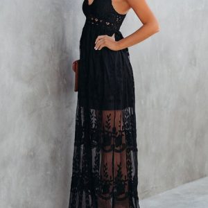 Women Plain V Neck Sleeveless Comfy Casual Lace Maxi Dress, Maxi, color:Black|size:XL, catalog Noracora shop
